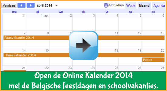 Google Agenda 2014 Feestdagen Schoolvakanties Belgie datums kalender via www.feestdagen-belgie.be