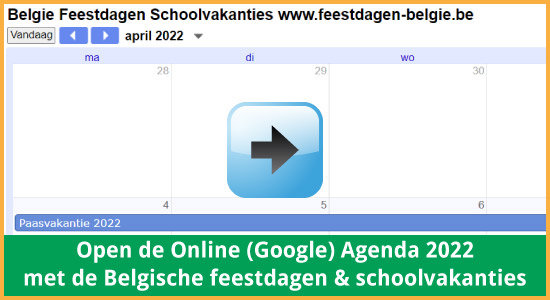 Google Agenda 2022 Feestdagen Schoolvakanties België datums kalender via www.feestdagen-belgie.be