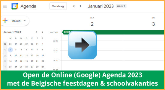 Google Agenda 2023 Feestdagen Schoolvakanties België datums kalender via www.feestdagen-belgie.be