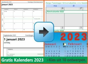kalenders 2023 gratis downloaden met Belgische feestdagen en schoolvakanties via www.feestdagen-belgie.be