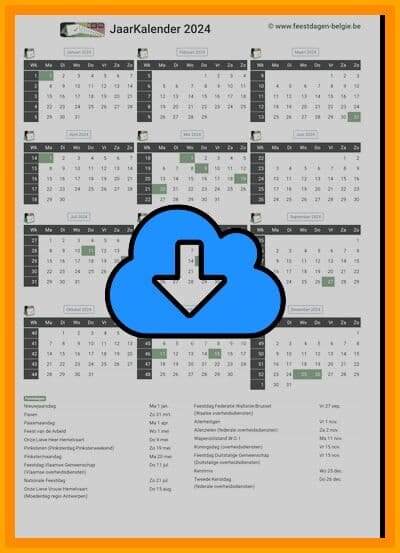 Gratis jaarkalender A4 Staand 2024 met weeknummers en Belgie feestdagen (download print kalender 2024) via www.feestdagen-belgie.be