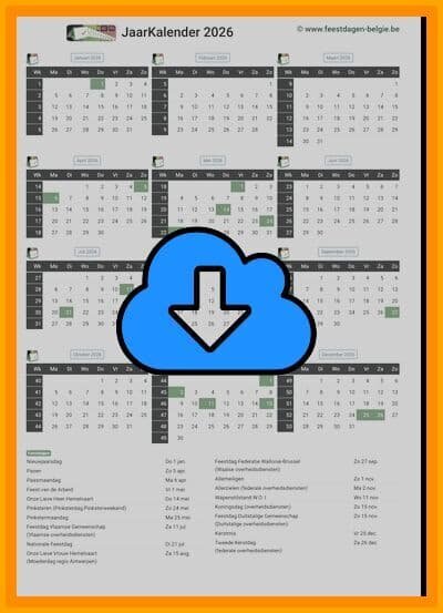 Gratis jaarkalender A4 Staand 2026 met weeknummers en Belgie feestdagen (download print kalender 2026) via www.feestdagen-belgie.be